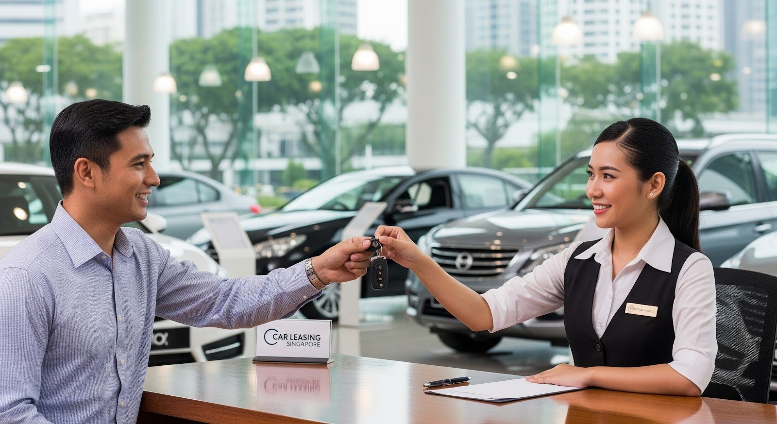 A client receiving keys from a car leasing company in Singapore