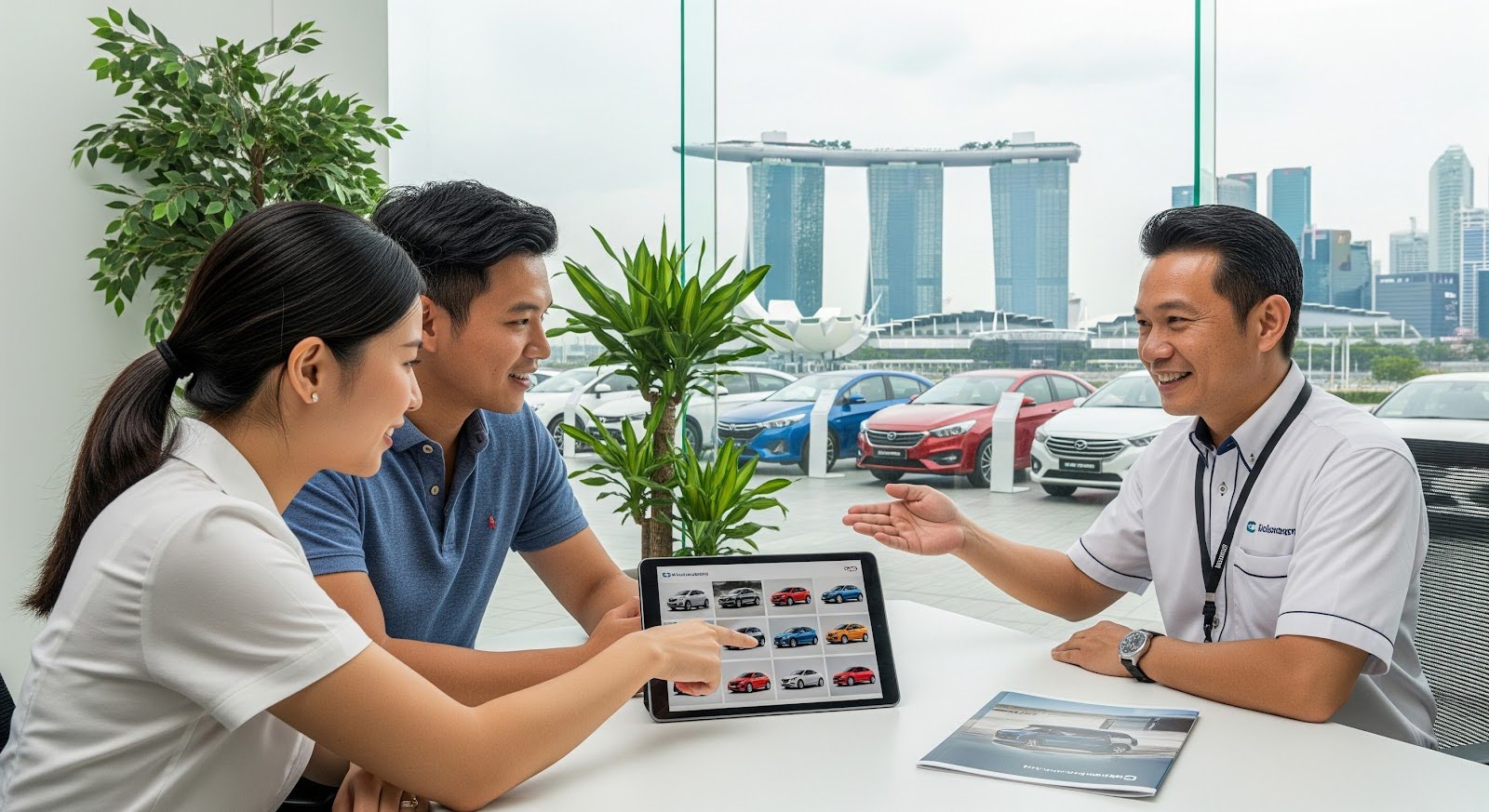 A couple of clients discussing costing options at a car leasing company in Singapore