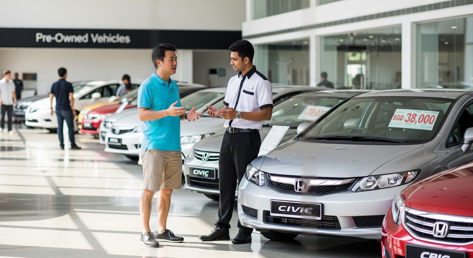 A client discussing his preferences with a car dealership employee in Singapore