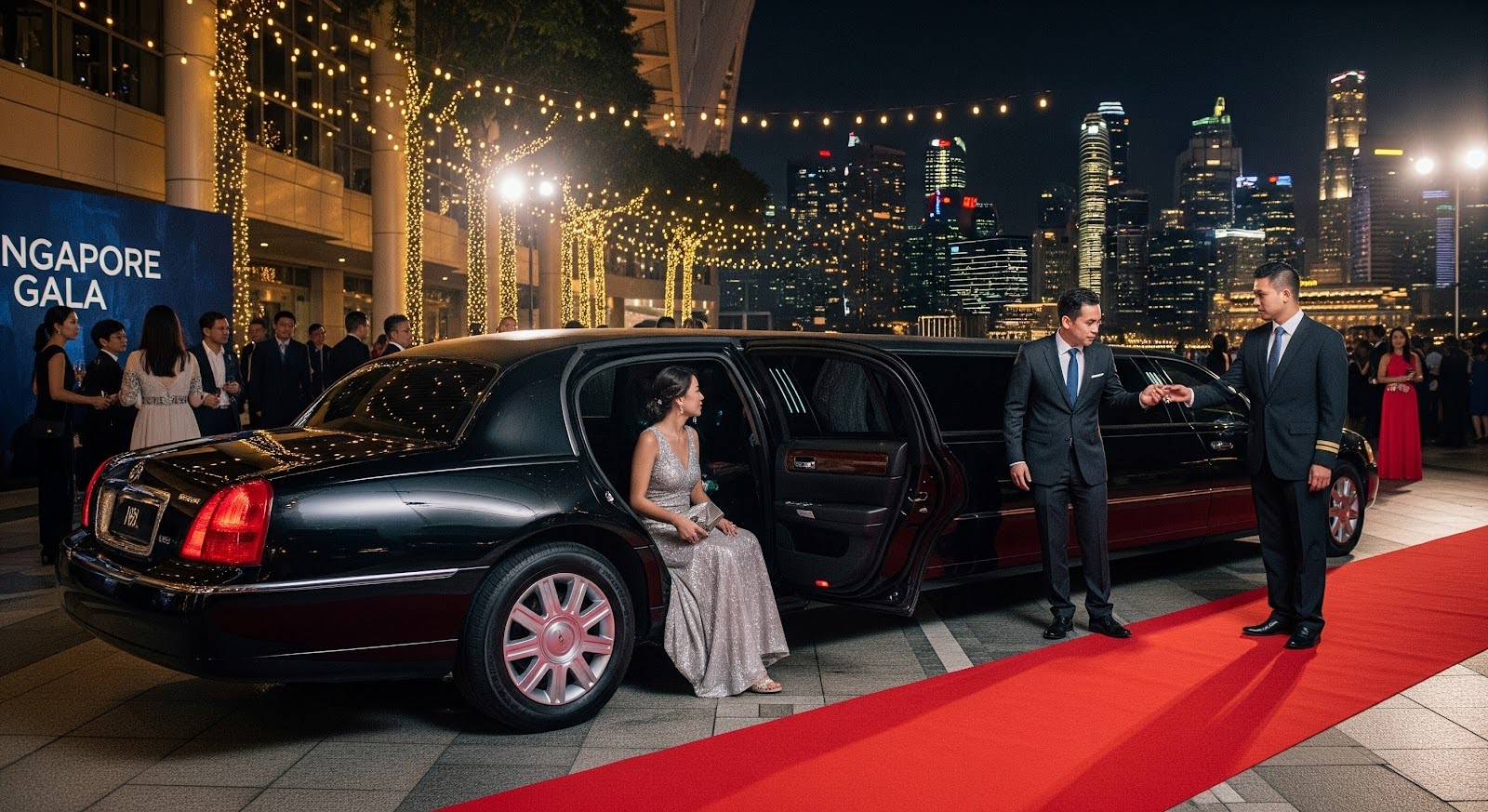 Guests arriving at an event using limo service in Singapore